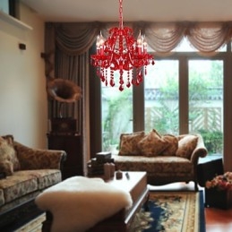 Lampadario moderno contemporaneo in metallo cromato e cristallo rosso