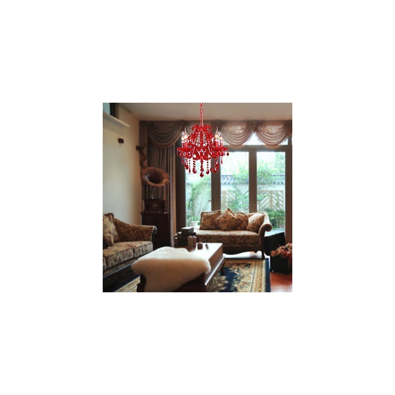Lampadario moderno contemporaneo in metallo cromato e cristallo rosso