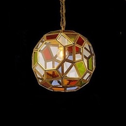 Lampada a sospensione mini in rame stile esotico, finitura ottone antico, vetro multicolore