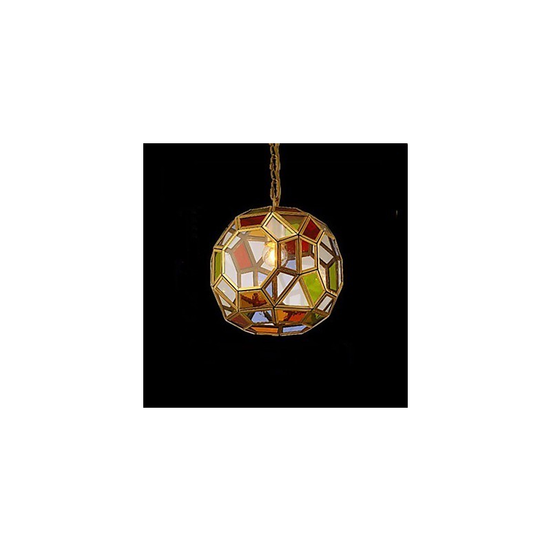 Lampada a sospensione mini in rame stile esotico, finitura ottone antico, vetro multicolore