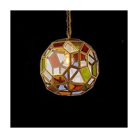 Lampada a sospensione mini in rame stile esotico, finitura ottone antico, vetro multicolore
