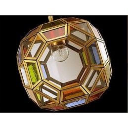 Lampada a sospensione mini in rame stile esotico, finitura ottone antico, vetro multicolore