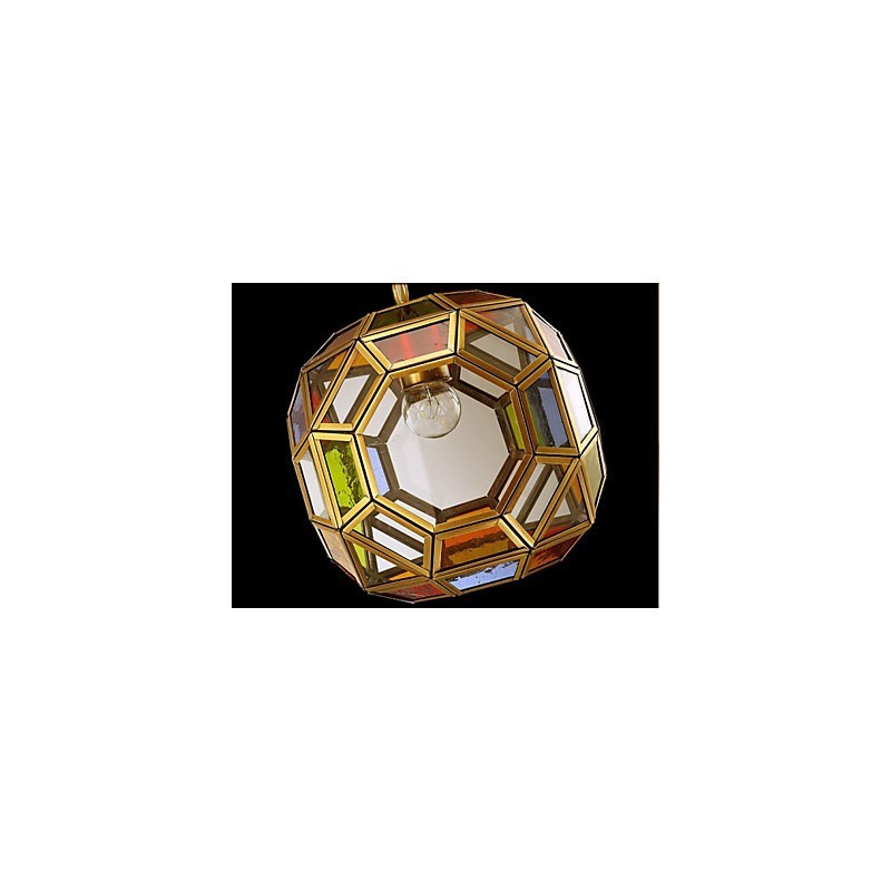 Lampada a sospensione mini in rame stile esotico, finitura ottone antico, vetro multicolore