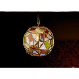 Lampada a sospensione mini in rame stile esotico, finitura ottone antico, vetro multicolore