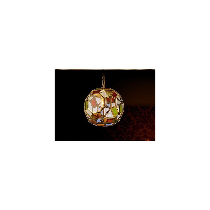 Lampada a sospensione mini in rame stile esotico, finitura ottone antico, vetro multicolore