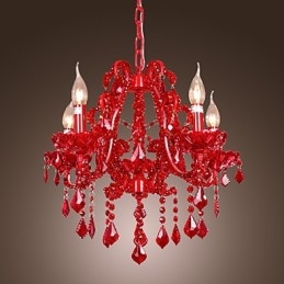 Lampadario moderno contemporaneo in metallo cromato e cristallo rosso