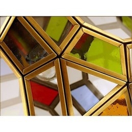Lampada a sospensione mini in rame stile esotico, finitura ottone antico, vetro multicolore