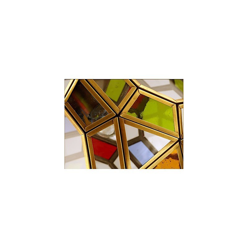 Lampada a sospensione mini in rame stile esotico, finitura ottone antico, vetro multicolore