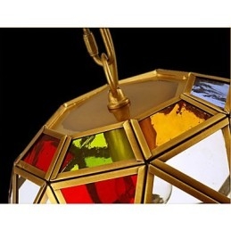 Lampada a sospensione mini in rame stile esotico, finitura ottone antico, vetro multicolore