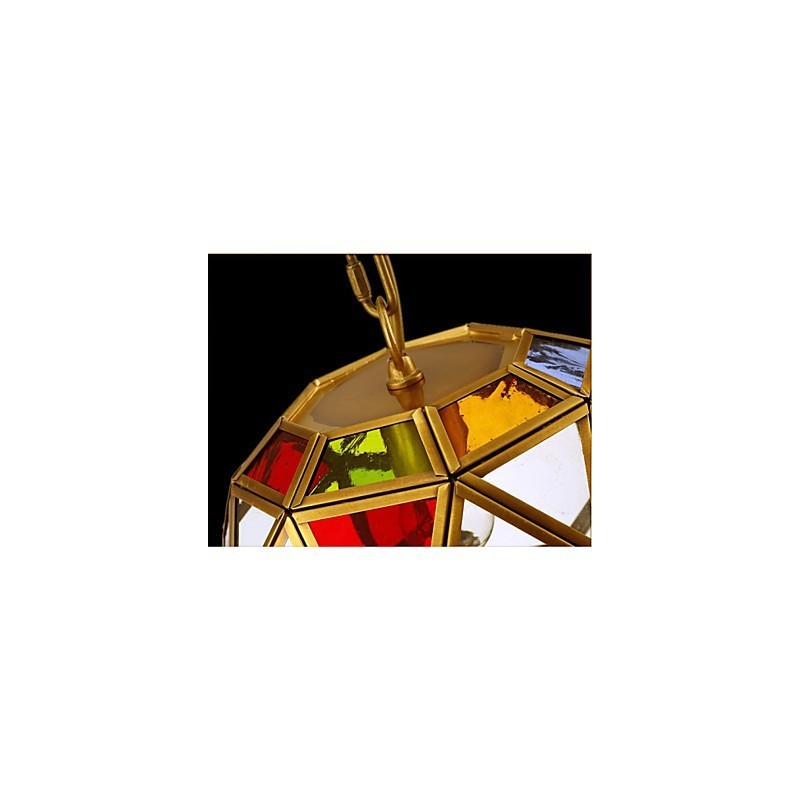 Lampada a sospensione mini in rame stile esotico, finitura ottone antico, vetro multicolore