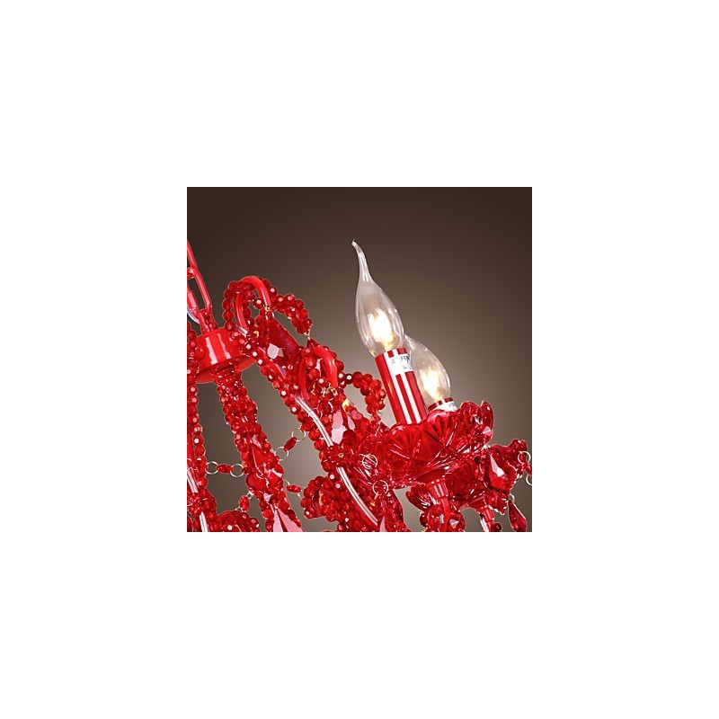 Lampadario moderno contemporaneo in metallo cromato e cristallo rosso
