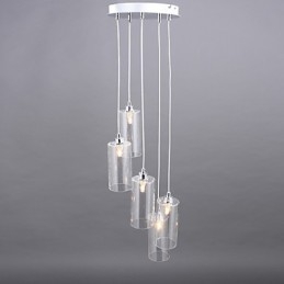 Lampada a sospensione in vetro trasparente moderna con dettagli in metallo argento, 5 lampadine E9