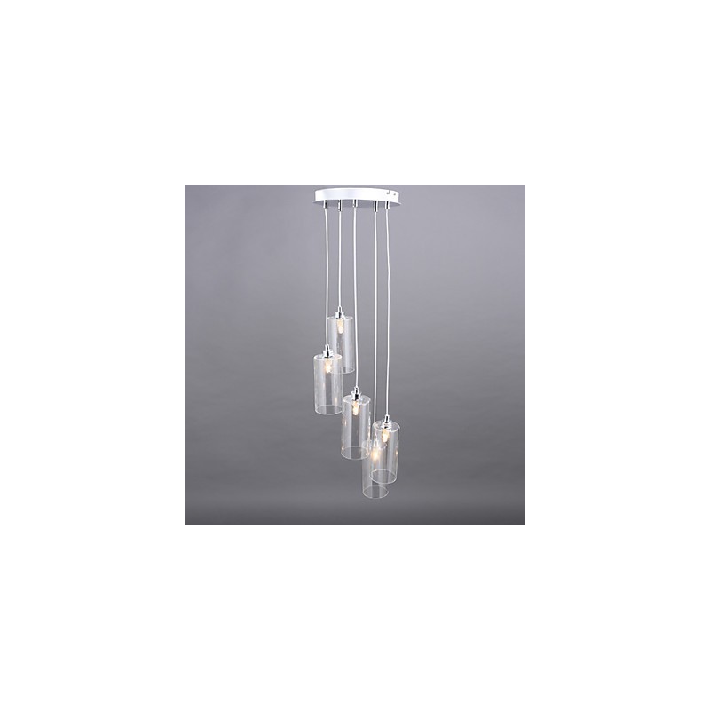 Lampada a sospensione in vetro trasparente moderna con dettagli in metallo argento, 5 lampadine E9
