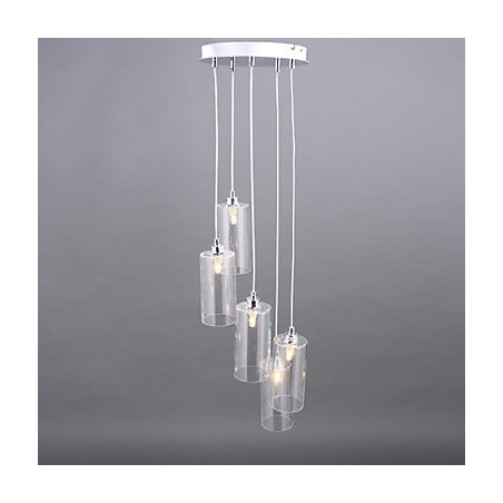 Lampada a sospensione in vetro trasparente moderna con dettagli in metallo argento, 5 lampadine E9