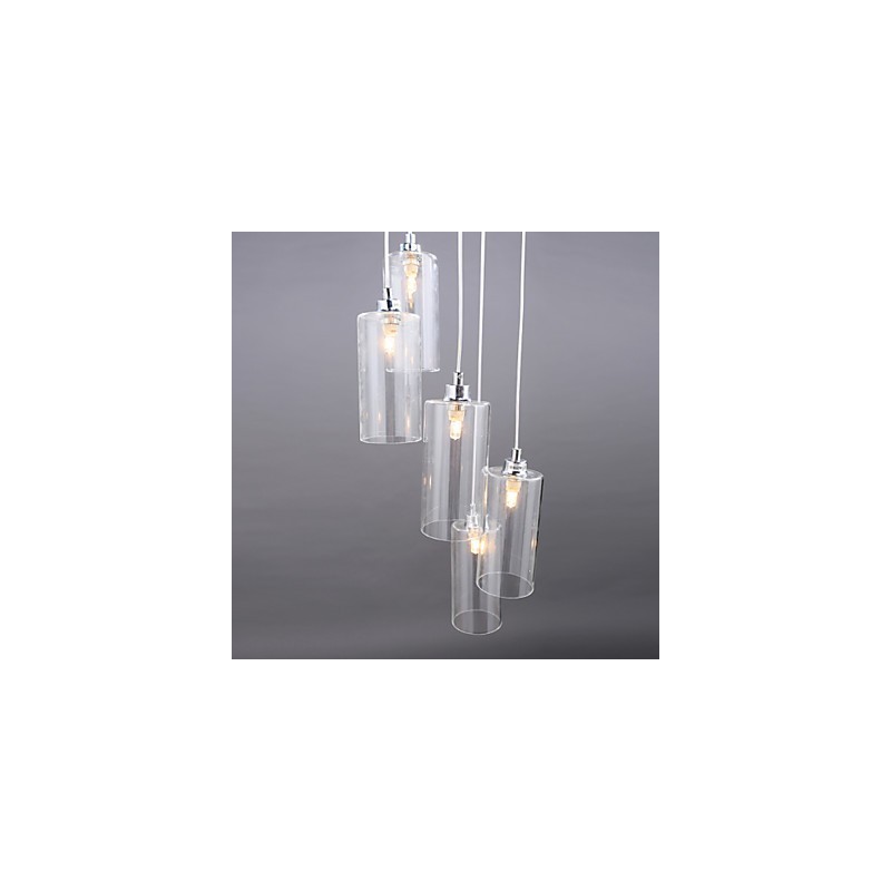 Lampada a sospensione in vetro trasparente moderna con dettagli in metallo argento, 5 lampadine E9