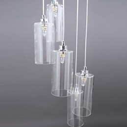 Lampada a sospensione in vetro trasparente moderna con dettagli in metallo argento, 5 lampadine E9
