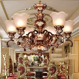 Lampadario classico retrò in metallo marrone con vetro, 6 luci E26/E27