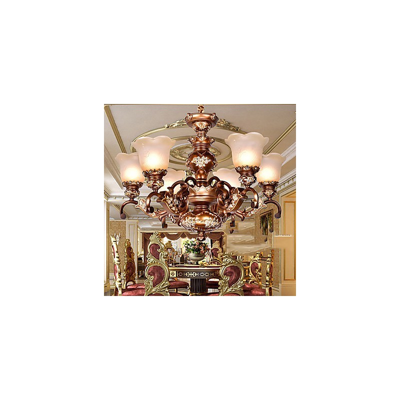 Lampadario classico retrò in metallo marrone con vetro, 6 luci E26/E27