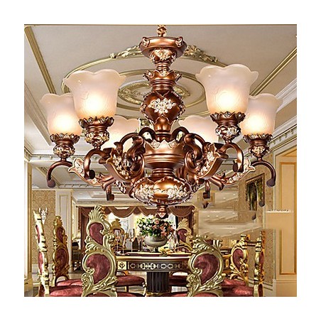 Lampadario classico retrò in metallo marrone con vetro, 6 luci E26/E27